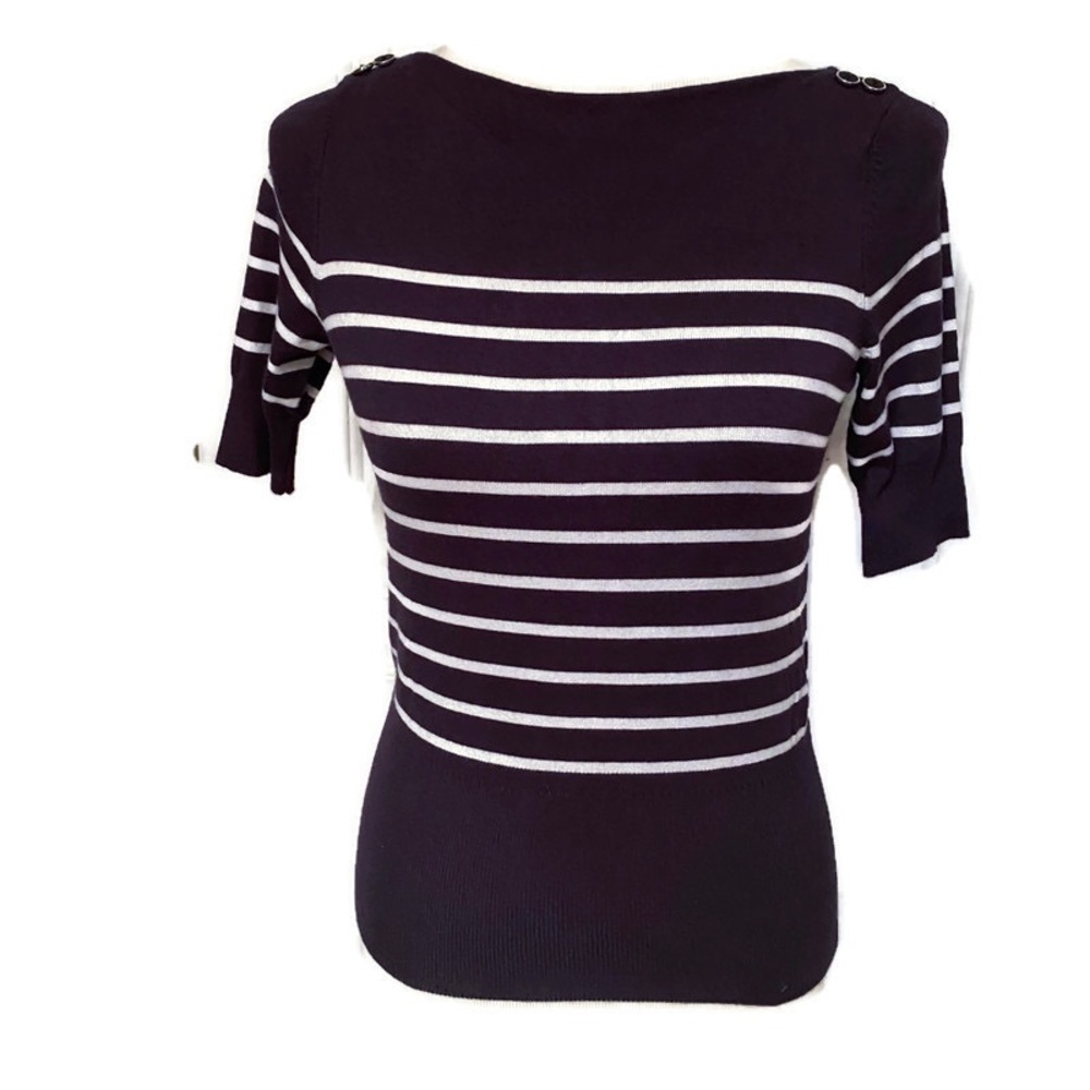 ETCETERA TOP KNIT TEE SHORT SLEEVE BLUE WHITE STRIPE BOAT NECK Size XS